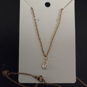 Gold Tobe Teardrop Pendant Necklace with Clear Stone - Women Jewelry